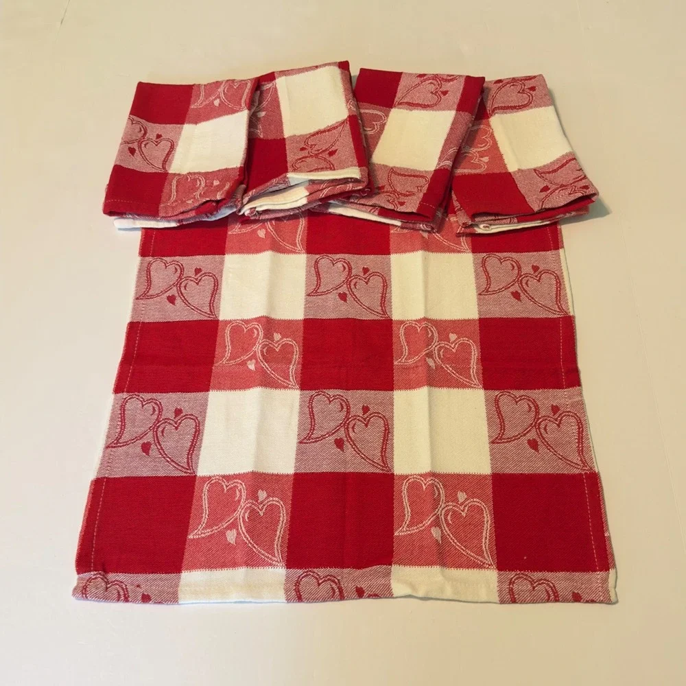 Red White Buffalo Check Heart Napkins Set of 4 Cotton Valentine Farmhouse 16x16